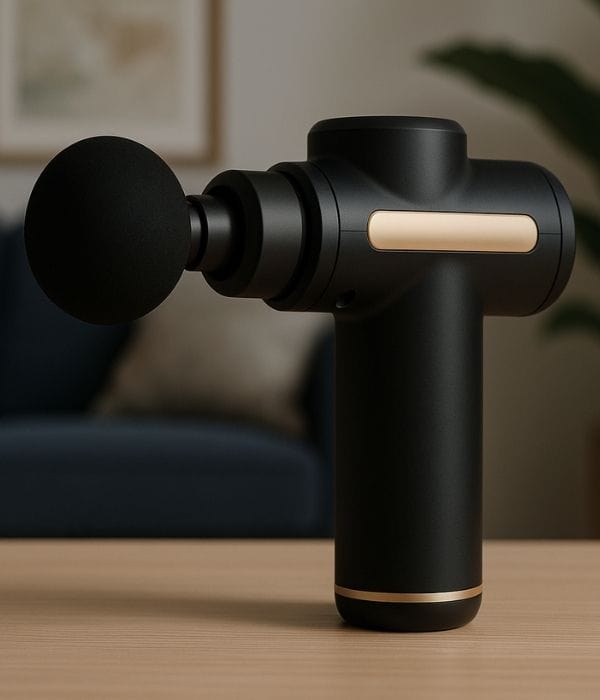 Pistolet de massage noir et or présenté sur une table dans un salon – ZenMassa, spécialiste des pistolets de massage et équipements de relaxation.